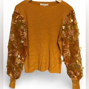 Sioni Elegant Sweater with Floral Embroidered Sleeves brass color size small NWT